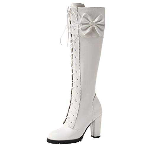 Birdsight Damen Schnürstiefel Kniehoch High Heels mit Blockabsatz und Schleife Kniehohe Boots zum Schnüren Rockabilly Cosplay Schuhe (Weiss, 43) von Birdsight