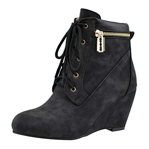 Birdsight Damen Wedges Ankle Boots High Heels schnürung Stiefeletten mit Keilabsatz und Reißverschluss Herbst Winter Stiefel (Schwarz,37) von Birdsight