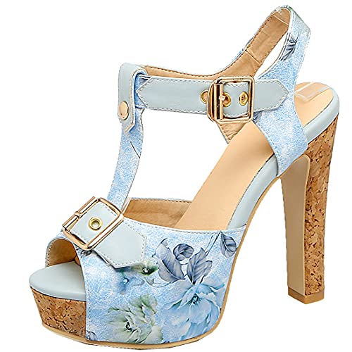 Birdsight T-Bar Knöchelriemchen Sandalen Blockabsatz High Heels Riemchen Sandaletten mit Plateau Peeptoe Sommer Schuhe (Blau, 36) von Birdsight