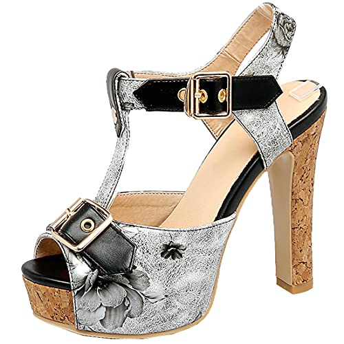 Birdsight T-Bar Knöchelriemchen Sandalen Blockabsatz High Heels Riemchen Sandaletten mit Plateau Peeptoe Sommer Schuhe (Schwarz, 38) von Birdsight