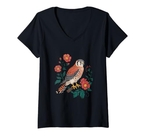 Damen Amerikanischer Turmfalke mit botanischen Wildblumen T-Shirt mit V-Ausschnitt von Birdsnstuff (Anjeanette Hail)