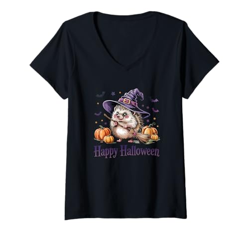 Damen Bezaubernder Halloween-Igel im Hexenhut-Design T-Shirt mit V-Ausschnitt von Birdsnstuff (Anjeanette Hail)