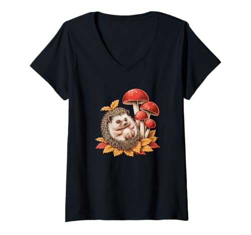Damen Charmanter Igel unter Pilzen und Herbstblättern Kunst T-Shirt mit V-Ausschnitt von Birdsnstuff (Anjeanette Hail)