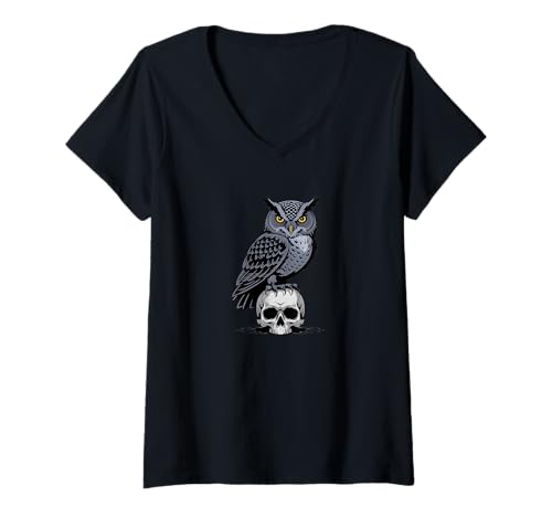 Damen Edgy Owl on Skull Gothic Illustration Design T-Shirt mit V-Ausschnitt von Birdsnstuff (Anjeanette Hail)