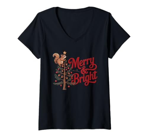 Damen Vintage Eichhörnchen Merry & Bright Holiday Tree Design T-Shirt mit V-Ausschnitt von Birdsnstuff (Anjeanette Hail)