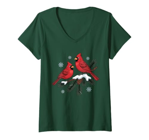 Damen Weihnachtskunst „Festliche Kardinäle auf verschneiten Tannenzweigen“ T-Shirt mit V-Ausschnitt von Birdsnstuff (Anjeanette Hail)