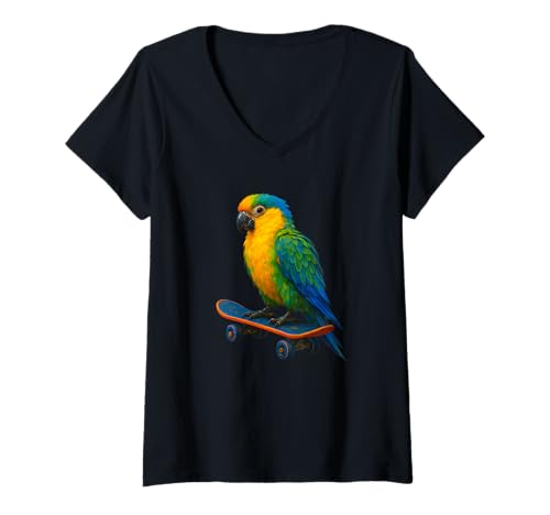 Damen Skateboarding Papagei Vibes Buntes Design T-Shirt mit V-Ausschnitt Damen Skateboarding Papagei Vibes Buntes Design T-Shirt mit V-Ausschnitt von Birdwatching, lovers of Parrot