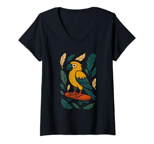 Damen Skateboarding Papagei Vibes Buntes Design T-Shirt mit V-Ausschnitt Damen Skateboarding Papagei Vibes Buntes Design T-Shirt mit V-Ausschnitt von Birdwatching, lovers of Parrot
