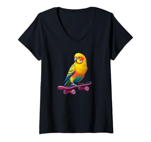 Damen Skateboarding Papagei Vibes Buntes Design T-Shirt mit V-Ausschnitt Damen Skateboarding Papagei Vibes Buntes Design T-Shirt mit V-Ausschnitt von Birdwatching, lovers of Parrot