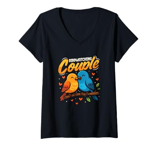 Damen Vogelbeobachtung Paar Romantische Vögel T-Shirt mit V-Ausschnitt Damen Vogelbeobachtung Paar Romantische Vögel T-Shirt mit V-Ausschnitt von Birdwatching Couples Nature Designs