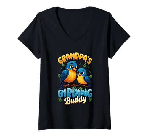 Damen Vogelbeobachtung Opas Birding Buddy Enkelkind Vogelbeobachtung T-Shirt mit V-Ausschnitt von Birdwatching Family Designs for Kids
