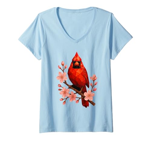 Damen Low Poly Geometrische rote Kardinal Sakura Flower Birder T-Shirt mit V-Ausschnitt von Birdwatching Low Poly Red Cardinal Birding Design