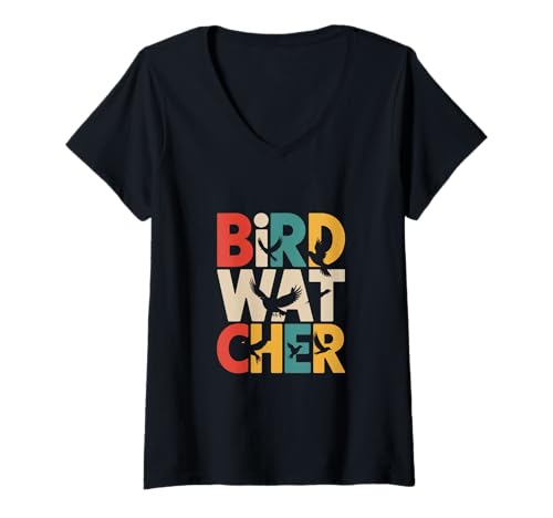 Damen Retro Sunset Birding Birdwatchcher Bird Lover T-Shirt mit V-Ausschnitt Damen Retro Sunset Birding Birdwatchcher Bird Lover T-Shirt mit V-Ausschnitt von Birdwatching Morning Birding