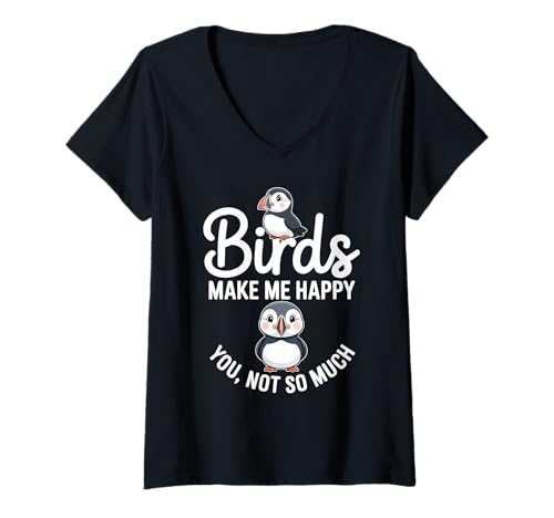 Damen Birds Make Happy You Not So Much Papageientaucher T-Shirt mit V-Ausschnitt Damen Birds Make Happy You Not So Much Papageientaucher T-Shirt mit V-Ausschnitt von BirdyMood