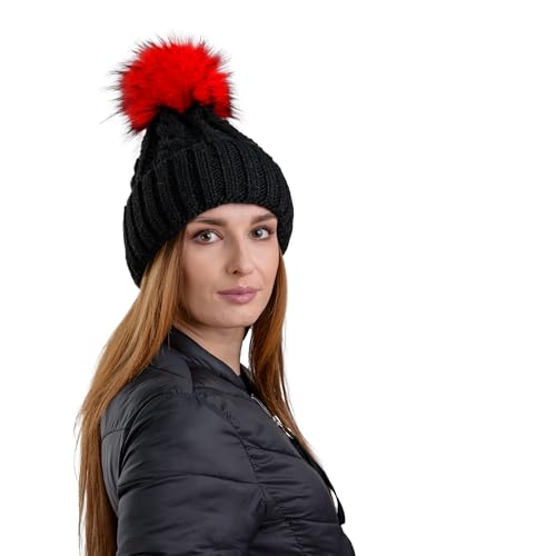 Beanie PB Mütze, Pudelmütze, Wintermütze mit großer Fellbommel aus Fellimitat, Strickmütze mit hochwertigen Strick (Schwarz Mit Roter Bommel 177) von Birendy