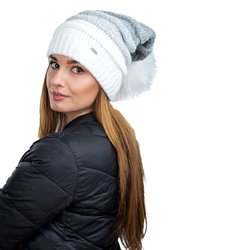 Birendy Beanie K Mütze, Pudelmütze, Strickmütze, dick und weich Wintermütze mit großer Fellbommel aus Fellimitat (Weiss-Hellgrau Verlauf 124) von Birendy
