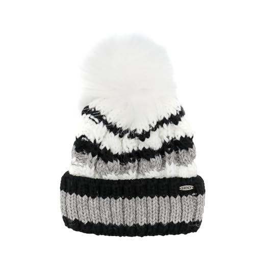 Birendy Beanie PB Mütze, Pudelmütze, Wintermütze mit großer Fellbommel aus Fellimitat, Strickmütze mit hochwertigen Strick (Schwarz Grau Weiß Streifen 180) von Birendy