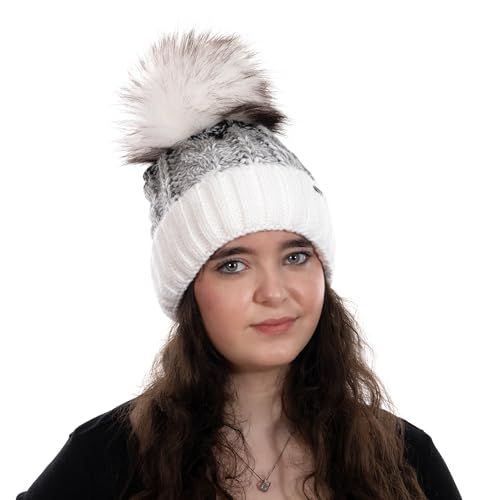Birendy Beanie PB Mütze, Pudelmütze, Wintermütze mit großer Fellbommel aus Fellimitat, Strickmütze mit hochwertigen Strick (Schwarz Grau Weiß Verlauf 207) von Birendy