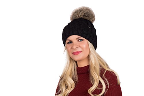 Birendy Beanie PB Mütze, Pudelmütze, Wintermütze mit großer Fellbommel aus Fellimitat, Strickmütze mit hochwertigen Strick (Schwarz mit Beiger Bommel) von Birendy