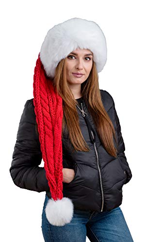 Birendy Beanie Xmas Mütze Weihnachtsmütze mit Kunstfellrand Zipfelmütze, Pudelmütze, Wintermütze mit großer Fellbommel aus Kunstfell, Fleece abgefüttert von Birendy