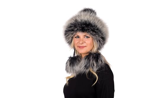 Birendy Tatra Mütze Chapka Pudelmütze Wintermütze Fellbommeln und Fellrand aus Kunstfell (schwarz mit Silbergrau 172) von Birendy