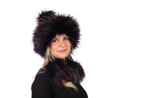 Birendy Tatra Mütze Chapka Pudelmütze Wintermütze Fellbommeln und Fellrand aus Kunstfell (schwarz mit bunten Spitzen 173) von Birendy