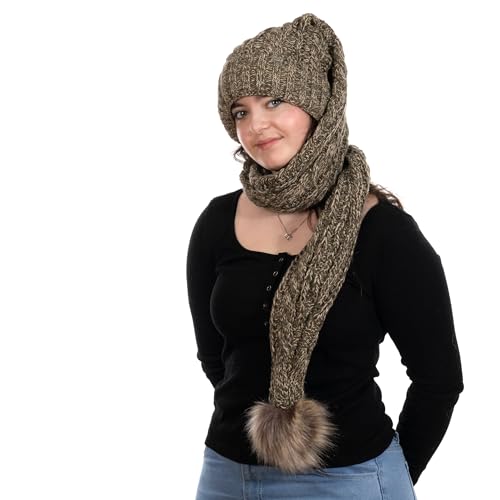 Birendy XXL Beanie AA Mütze, Zipfelmütze inklusive Schal, Pudelmütze, Wintermütze mit großer Fellbommel aus Fellimitat. Extra Lang mit weichem Fleece abgefüttert (Army Grün 111) von Birendy