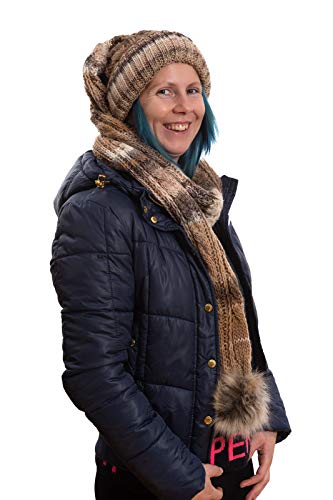 Birendy XXL Beanie AA Mütze, Zipfelmütze inklusive Schal, Pudelmütze, Wintermütze mit großer Fellbommel aus Fellimitat. Extra Lang mit weichem Fleece abgefüttert (Beige gestreift) von Birendy