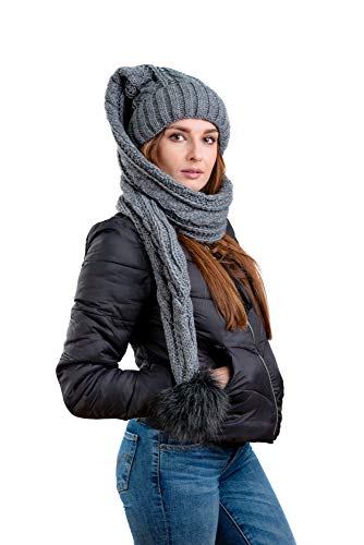 Birendy XXL Beanie AA Mütze, Zipfelmütze inklusive Schal, Pudelmütze, Wintermütze mit großer Fellbommel aus Fellimitat. Extra Lang mit weichem Fleece abgefüttert (Dunkelgrau) von Birendy