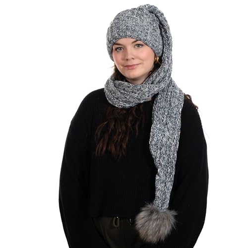 Birendy XXL Beanie AA Mütze, Zipfelmütze inklusive Schal, Pudelmütze, Wintermütze mit großer Fellbommel aus Fellimitat. Extra Lang mit weichem Fleece abgefüttert (Navy Blau 112) von Birendy