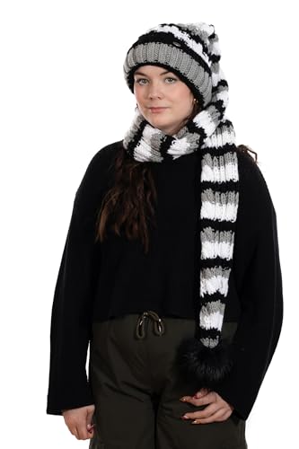 Birendy XXL Beanie AA Mütze, Zipfelmütze inklusive Schal, Pudelmütze, Wintermütze mit großer Fellbommel aus Fellimitat. Extra Lang mit weichem Fleece abgefüttert (Schwarz Weiß Streifen 113) von Birendy