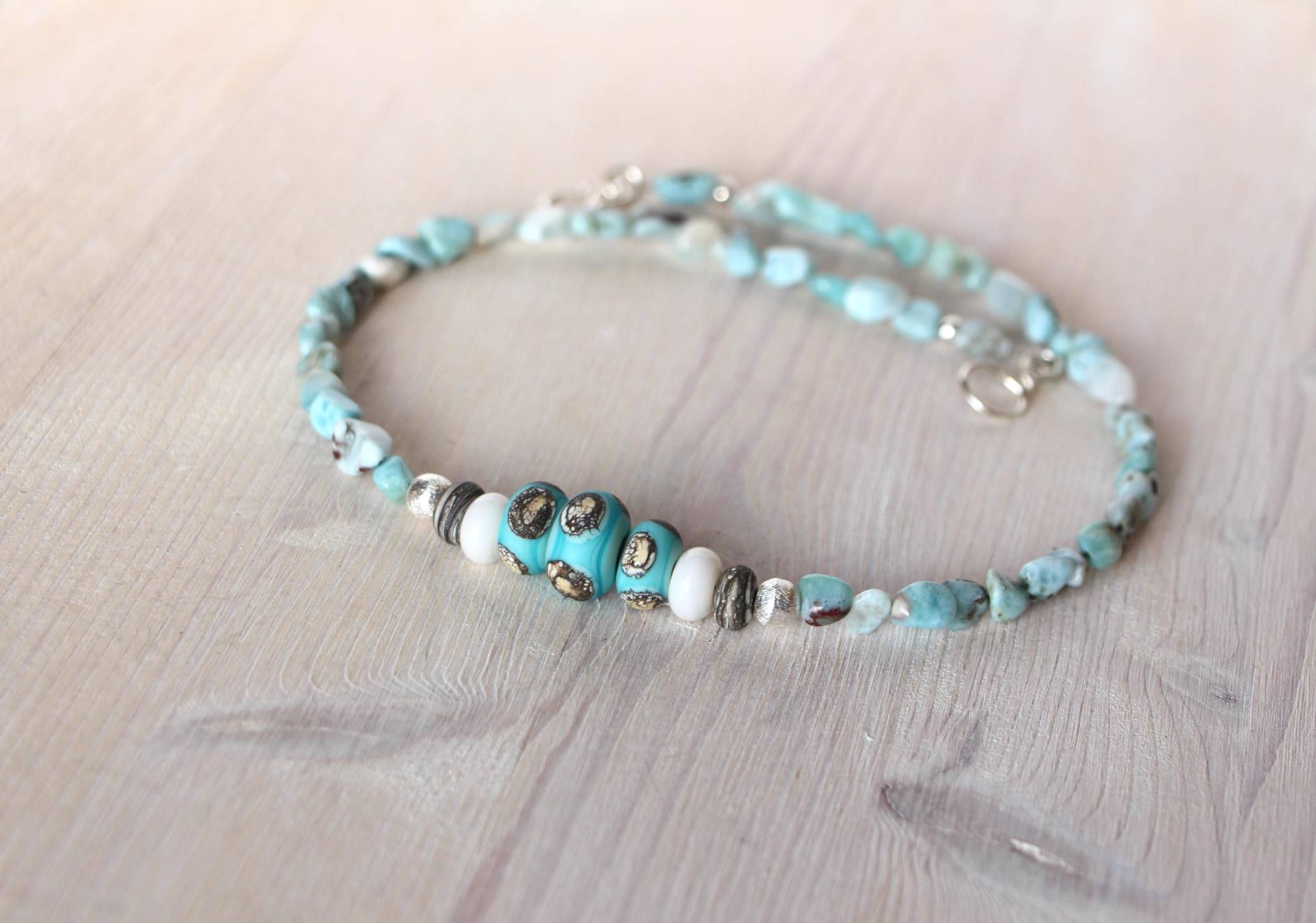 Halskette Larimar Glasperlen Kupfer Heilstein von BirgitSchrauthDesign