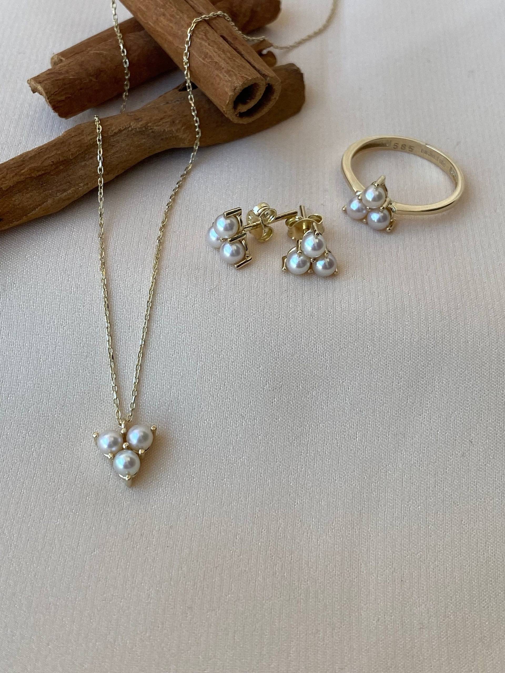 14K Gold Dreifach Perlen Set, Süßwasserperle Ohrstecker, Perle Elegante Halskette, Perlenkette, Geschenk Für Sie von BirinciJewelry