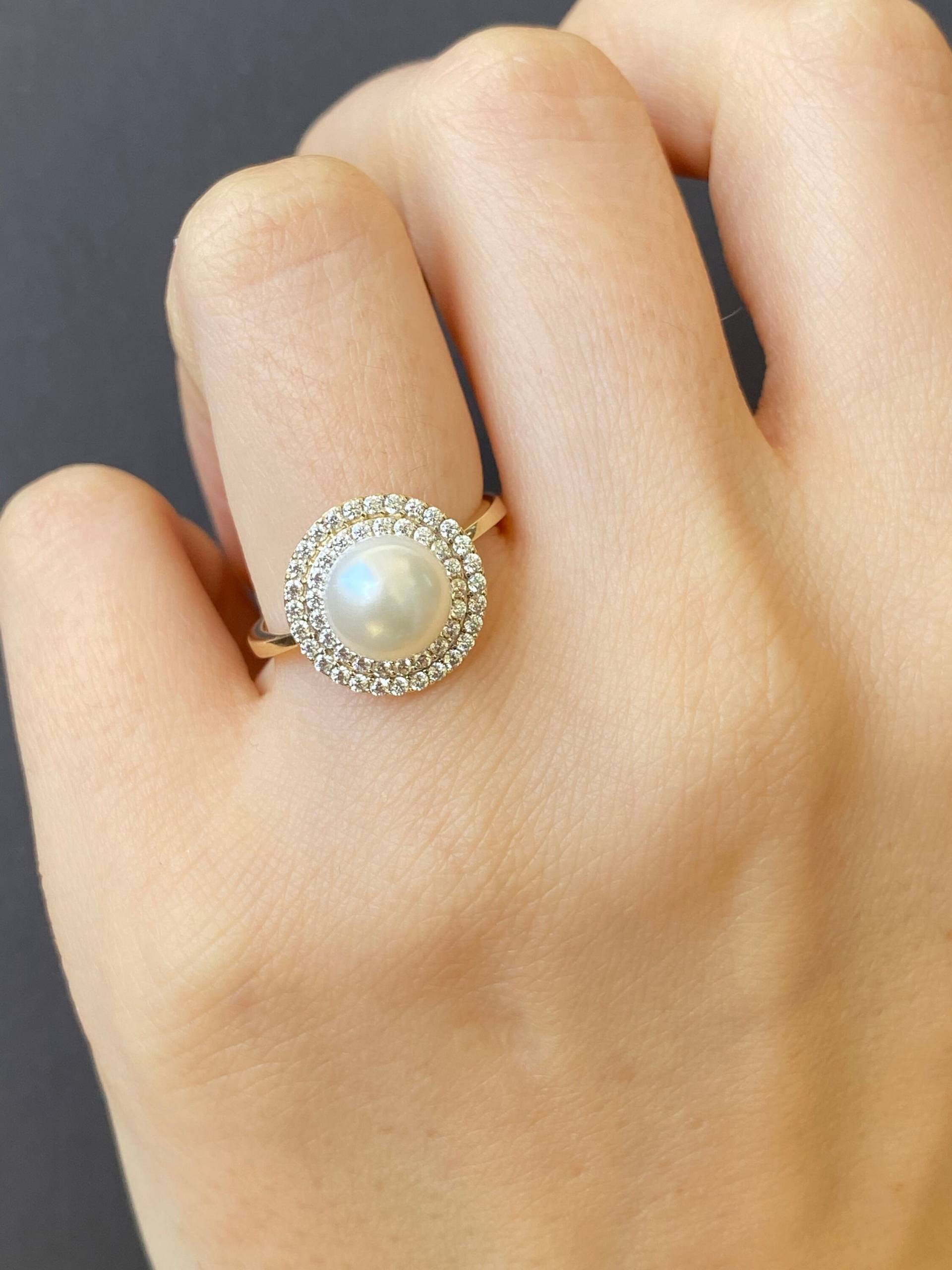 Chunky Runde Perle Ring Mit Natürlichen Zirkon, 14K Gold Halo Süßwasserperle Goldring, Brautschmuck Hochzeit Geschenk Für Sie, Sie von BirinciJewelry