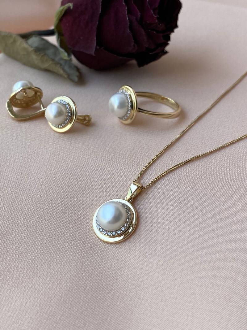 14K Gold Halskette Set Und Schmuck Süßwasser Halo Perlen-Set Chunky Perle Ohrringe Zirkon Halo-Ring Brautschmuck-Set von BirinciJewelry