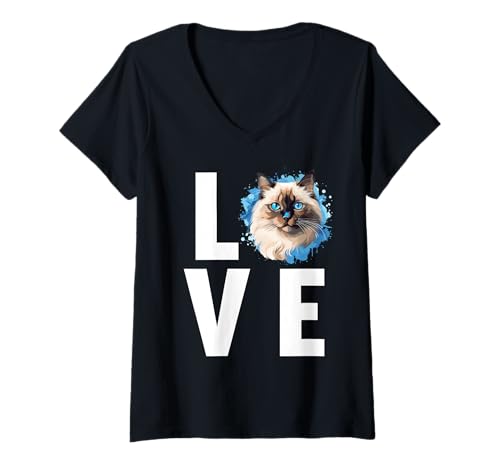 Damen Birman Cat Birma Katze T-Shirt mit V-Ausschnitt von Birman Cat Birma Katze Haustier Shop