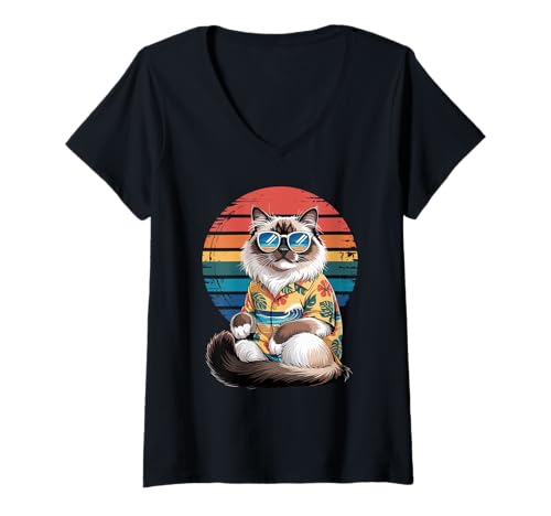 Damen Birman Cat Sonnenbrille Hawaii Strand Sommer Urlaub T-Shirt mit V-Ausschnitt von Birman Cat Lover Gifts