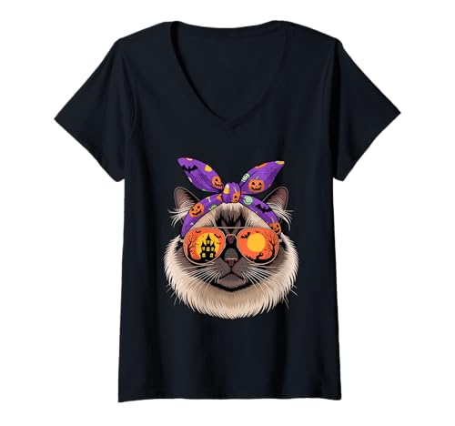 Damen Halloween Bandana Birman Birmans T-Shirt mit V-Ausschnitt von Birman Cat Lover Gifts