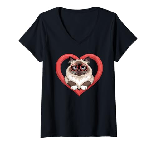 Damen Herz Birman Brille Birmans T-Shirt mit V-Ausschnitt von Birman Cat Lover Gifts