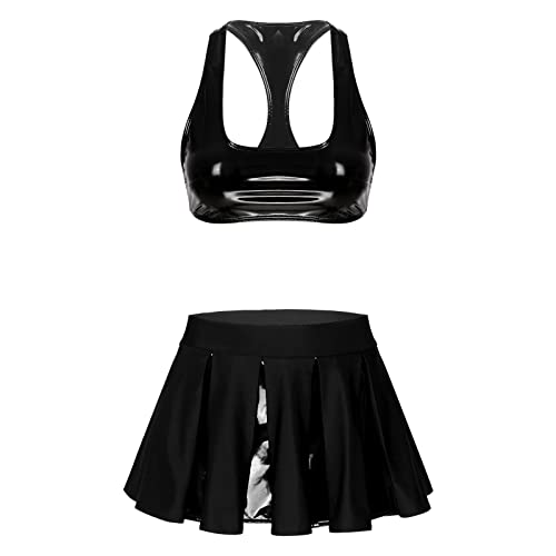 Latex-Lackleder U-Ausschnitt Ärmelloses Crop-Top mit Faltenrock Exotische Kostüm-Cheerleading-Outfits,Schwarz,XXL von Birod