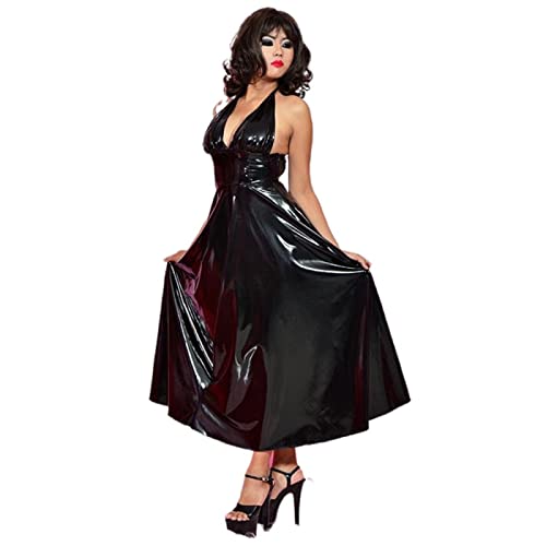 PVC Leather Maxi Dress For Women Halter V-Neck Open Back Sleevelesss Dresses,Black,7XL von Birod