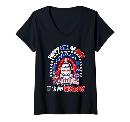 Damen Happy 4th Of July My Birthday Cute US Flag Bday Cake Rainbow T-Shirt mit V-Ausschnitt von Birthday 4th Of July Costume