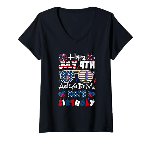 Damen Happy July 4th And My 100th Birthday Sunglasses US Flag T-Shirt mit V-Ausschnitt Damen Happy July 4th And My 100th Birthday Sunglasses US Flag T-Shirt mit V-Ausschnitt von Birthday 4th Of July Costume