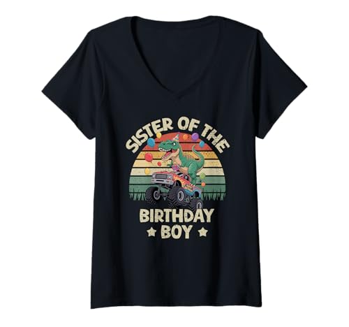 Damen Schwester der Geburtstagsfeier Monster Truck T-Rex Sister T-Shirt mit V-Ausschnitt von Birthday Boy Family Outfits T-Rex Monster Truck