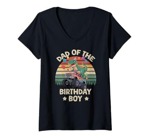 Damen Vater der Geburtstagsfeier Monster Truck T-Rex Daddy T-Shirt mit V-Ausschnitt von Birthday Boy Family Outfits T-Rex Monster Truck