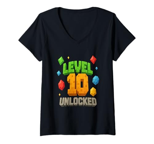 Damen 10. Geburtstags-T-Shirt freigeschaltet, Level 10 T-Shirt mit V-Ausschnitt von Birthday Boy Level 10 Unlocked 10th Birthday