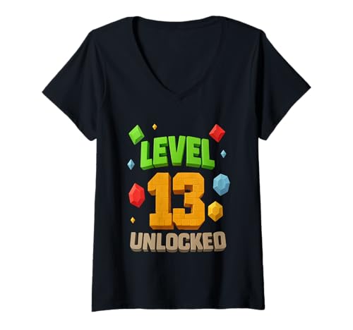 Damen 13. Geburtstags-T-Shirt für Level 13 freigeschaltet T-Shirt mit V-Ausschnitt von Birthday Boy Level 13 Unlocked 13th Birthday