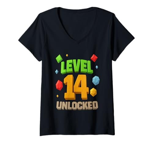Damen 14. Geburtstags-T-Shirt für Level 14 freigeschaltet T-Shirt mit V-Ausschnitt von Birthday Boy Level 14 Unlocked 14th Birthday