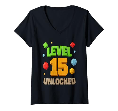 Damen 15. Geburtstags-T-Shirt für Level 15 freigeschaltet T-Shirt mit V-Ausschnitt von Birthday Boy Level 15 Unlocked 15th Birthday