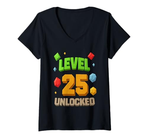 Damen 25. Geburtstags-T-Shirt für Level 25 freigeschaltet T-Shirt mit V-Ausschnitt Damen 25. Geburtstags-T-Shirt für Level 25 freigeschaltet T-Shirt mit V-Ausschnitt von Birthday Boy Level 25 Unlocked 25th Birthday